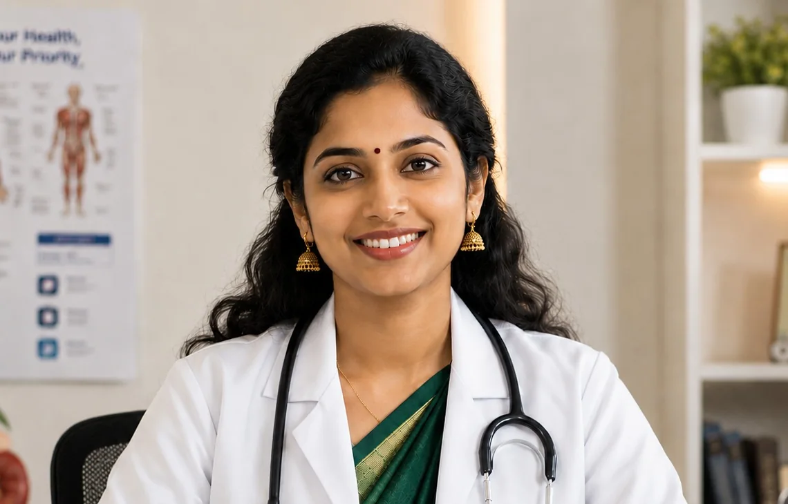 A physician at a clinic desk — where a prescription is written, before it reaches the pharmacy counter