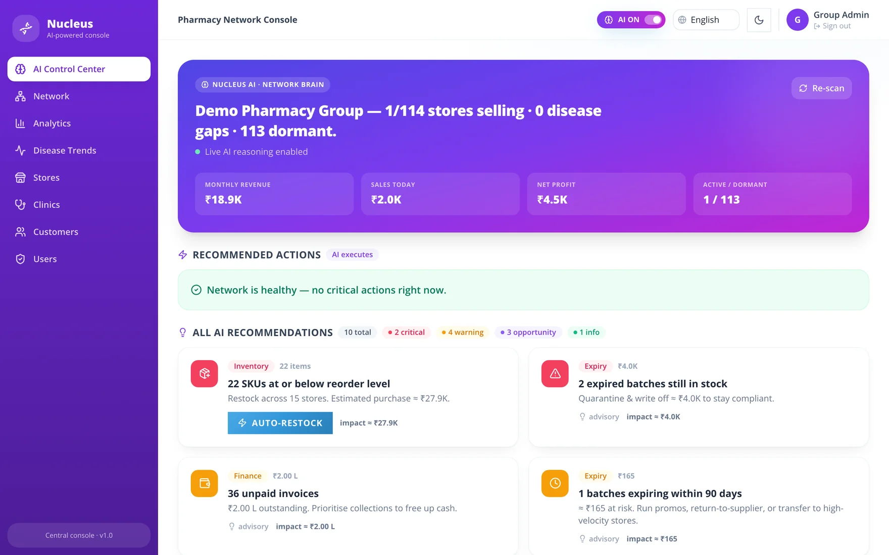 The Nucleus network console open in a browser on a laptop